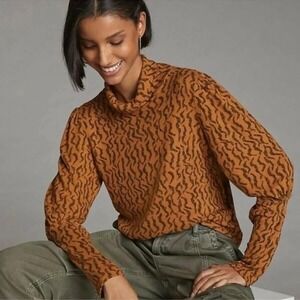 Anthropologie Womens Turtleneck Long Sleeve Abstract Print Top L Made in Turkey